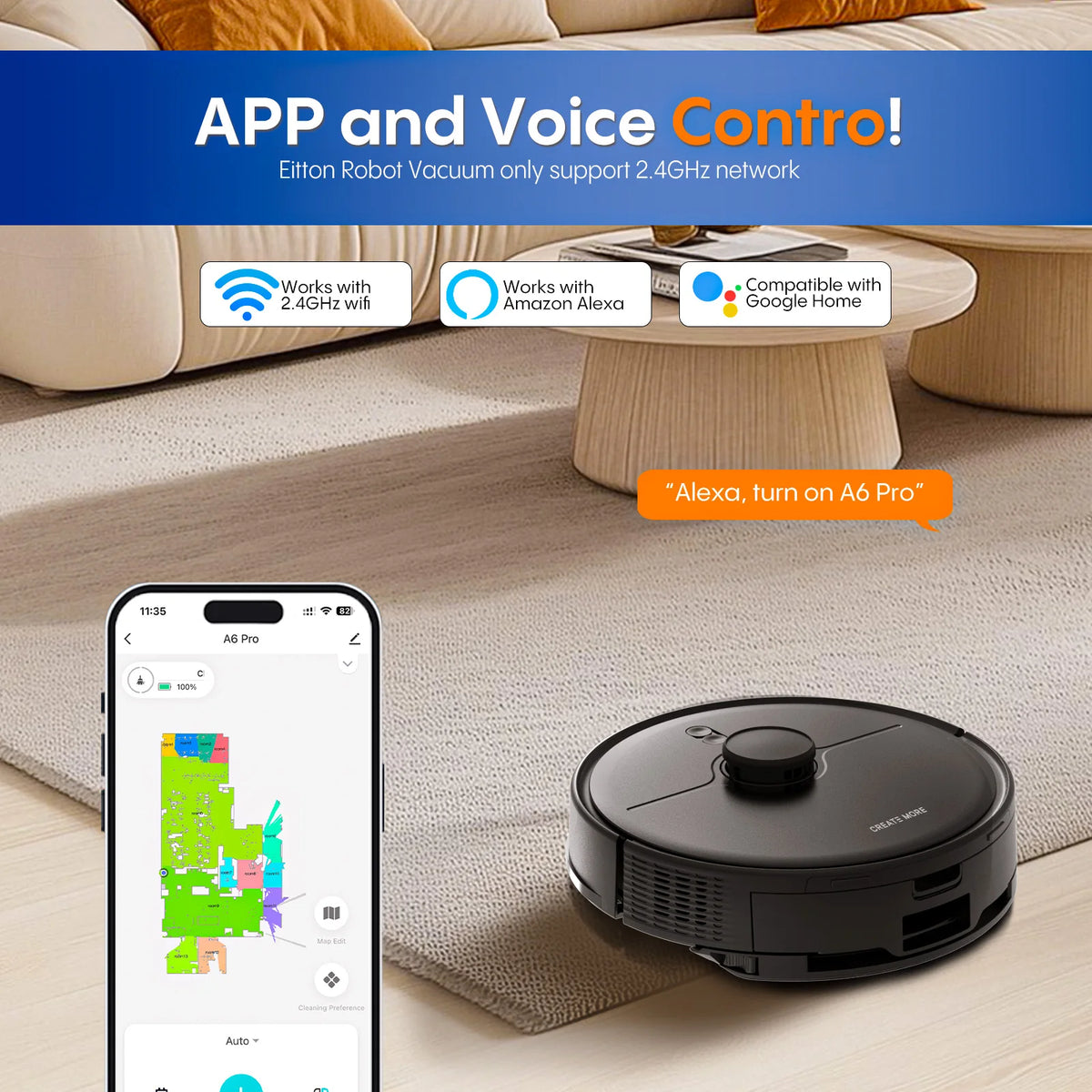 A6Pro 5000Pa Suction 3-in-1 Robot Vacuum Mop LiDAR Navigation Wi-Fi/App/Alexa Compatible Hard Floors Hotels Wet Dry Battery