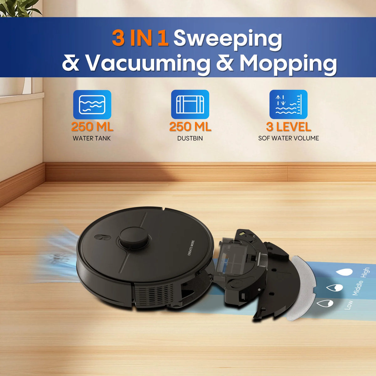 A6Pro 5000Pa Suction 3-in-1 Robot Vacuum Mop LiDAR Navigation Wi-Fi/App/Alexa Compatible Hard Floors Hotels Wet Dry Battery