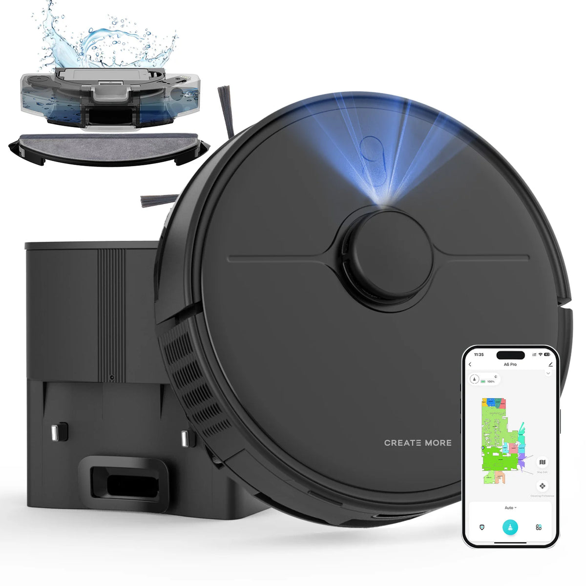 A6Pro 5000Pa Suction 3-in-1 Robot Vacuum Mop LiDAR Navigation Wi-Fi/App/Alexa Compatible Hard Floors Hotels Wet Dry Battery