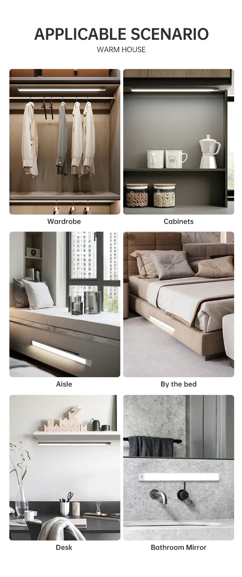 LED Motion Sensor Under Cabinet Light – USB Wireless, 3-Color, Kitchen & Wardrobe Lighting