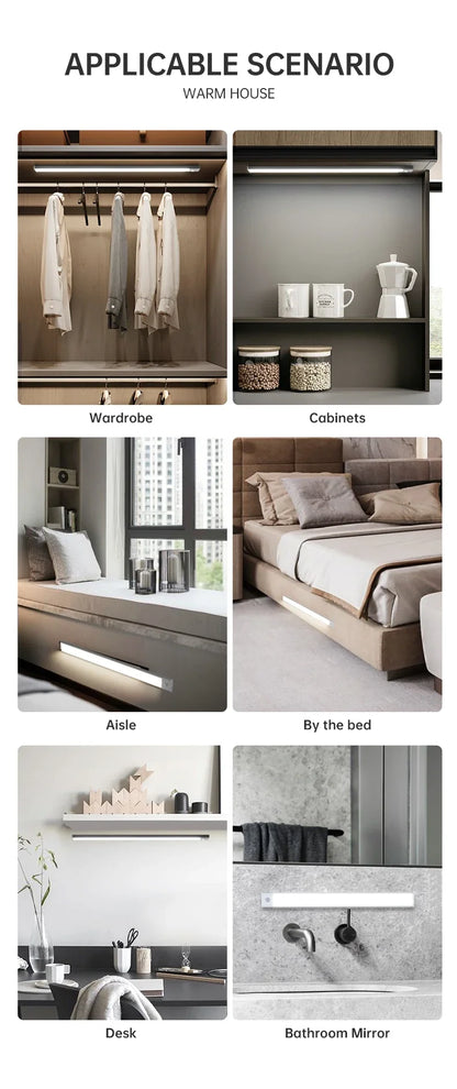 LED Motion Sensor Under Cabinet Light – USB Wireless, 3-Color, Kitchen & Wardrobe Lighting