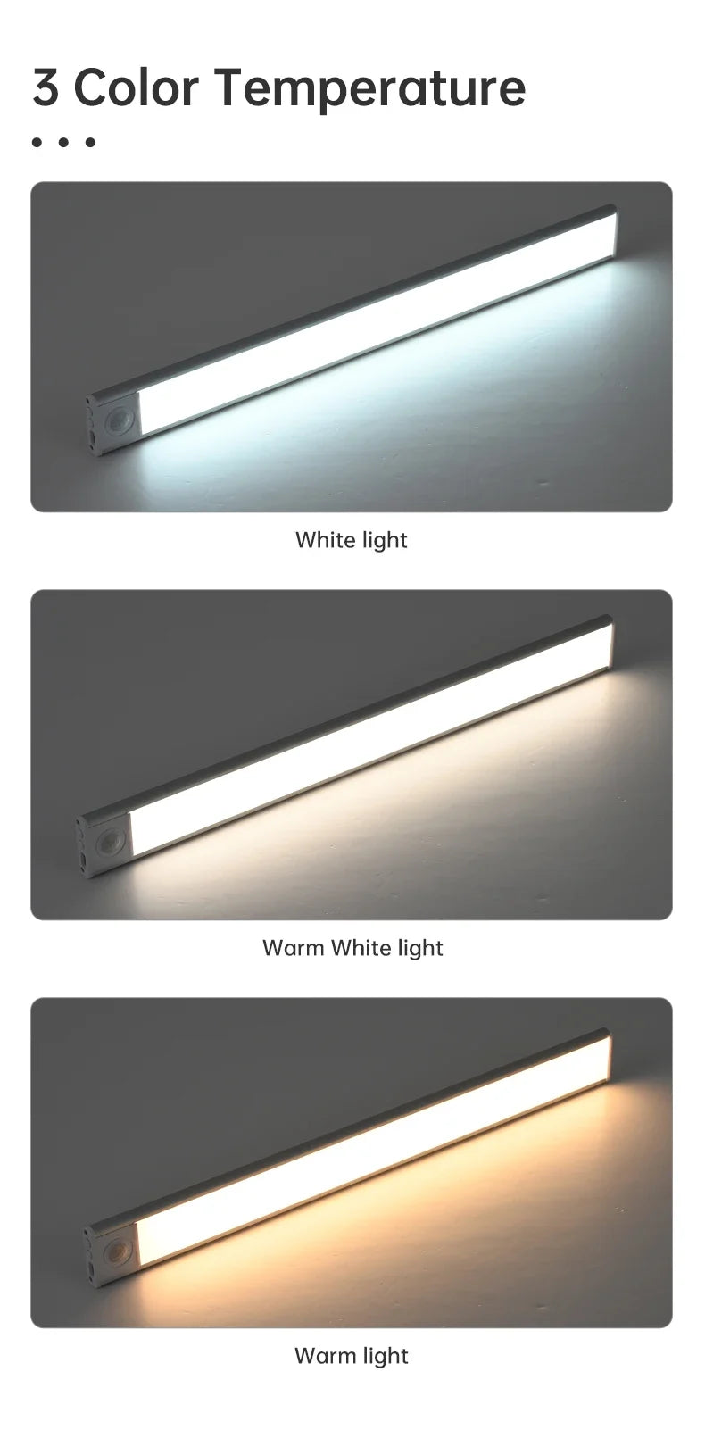 LED Motion Sensor Under Cabinet Light – USB Wireless, 3-Color, Kitchen & Wardrobe Lighting