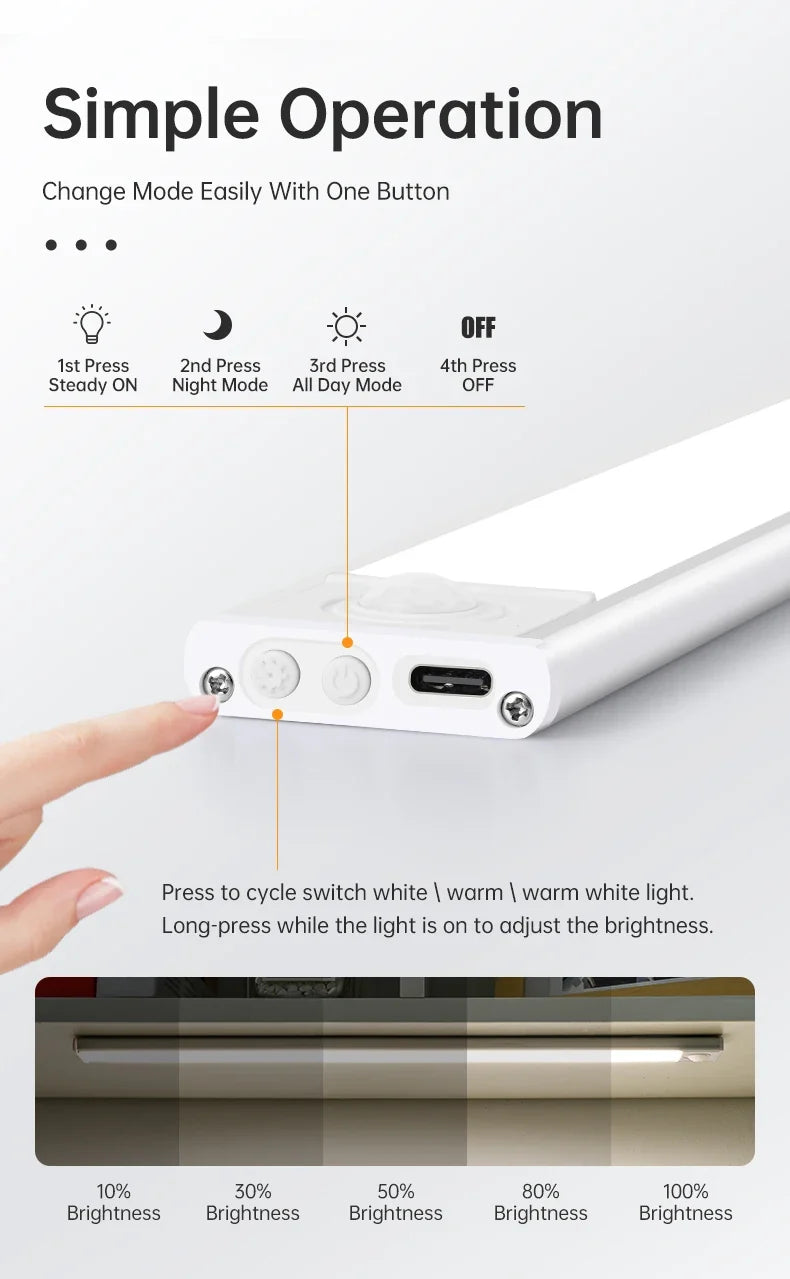 LED Motion Sensor Under Cabinet Light – USB Wireless, 3-Color, Kitchen & Wardrobe Lighting