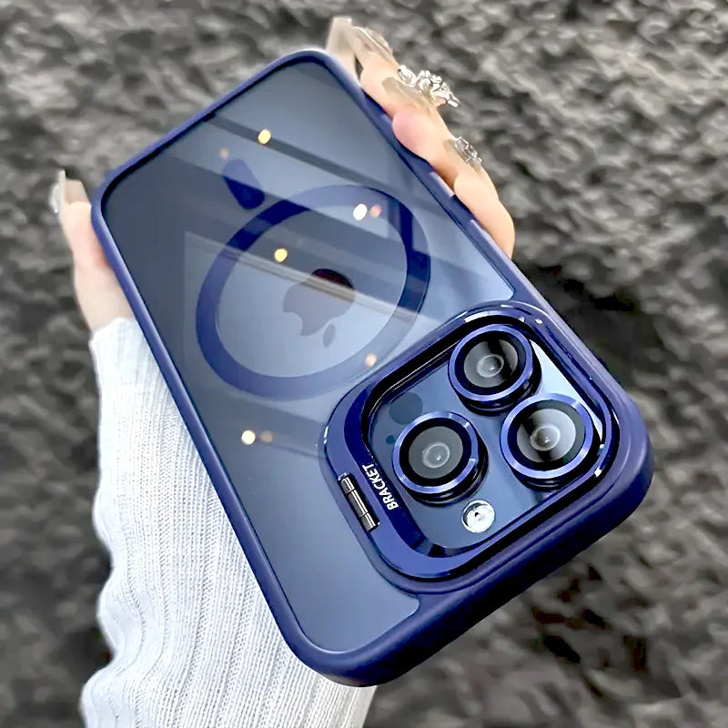 Luxury Magnetic Shockproof iPhone Case with Stand, Full Coverage Clear PC + TPU Cover, MagSafe-Style Ring, Lens Protection, Anti-Scratch Design for iPhone 17 16E 16 15 14 13 12 11 Series