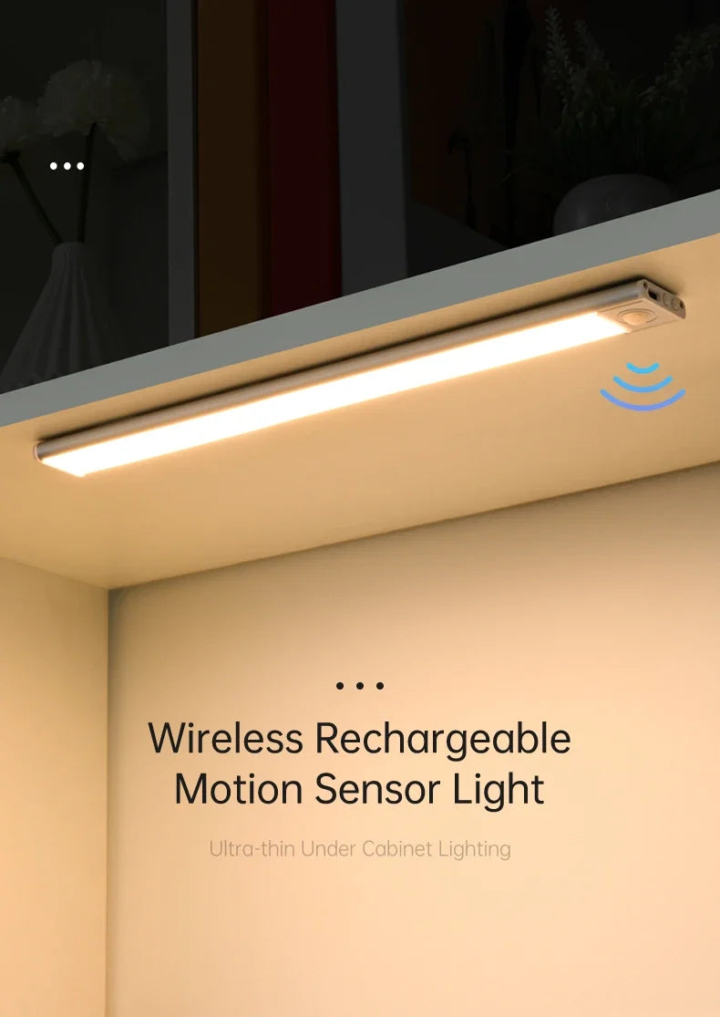 LED Motion Sensor Under Cabinet Light – USB Wireless, 3-Color, Kitchen & Wardrobe Lighting