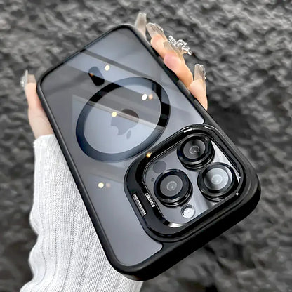 Luxury Magnetic Shockproof iPhone Case with Stand, Full Coverage Clear PC + TPU Cover, MagSafe-Style Ring, Lens Protection, Anti-Scratch Design for iPhone 17 16E 16 15 14 13 12 11 Series