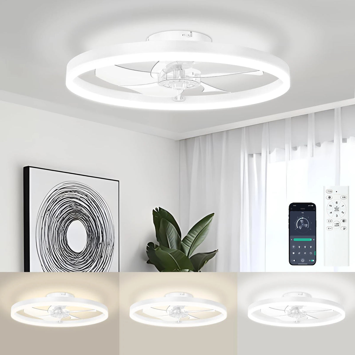 Smart Ceiling Fan with Lights and Remote 6 Speeds Dimmable LED Fan Lamp Flush Mount Ceiling Fan  for Bedroom Living Room Kitchen