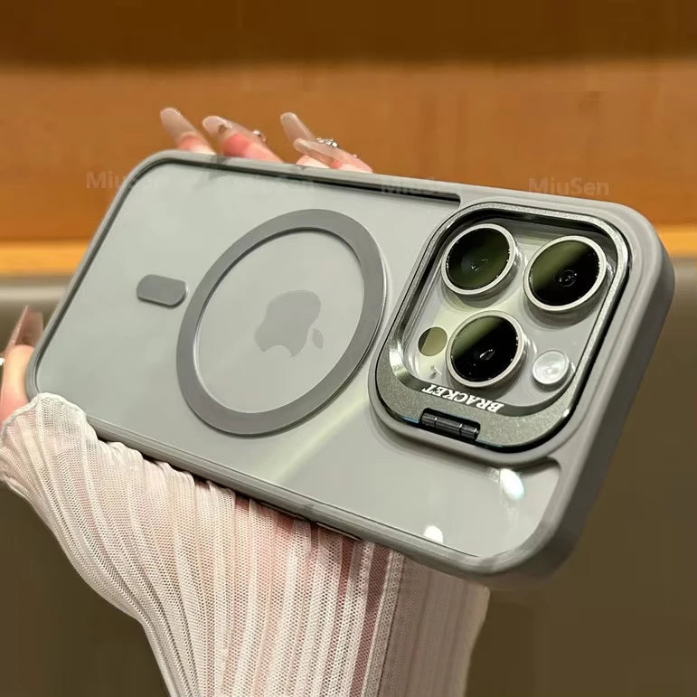 Luxury Magnetic Shockproof iPhone Case with Stand, Full Coverage Clear PC + TPU Cover, MagSafe-Style Ring, Lens Protection, Anti-Scratch Design for iPhone 17 16E 16 15 14 13 12 11 Series