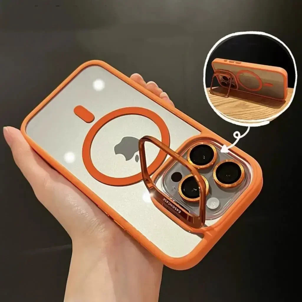Luxury Magnetic Shockproof iPhone Case with Stand, Full Coverage Clear PC + TPU Cover, MagSafe-Style Ring, Lens Protection, Anti-Scratch Design for iPhone 17 16E 16 15 14 13 12 11 Series