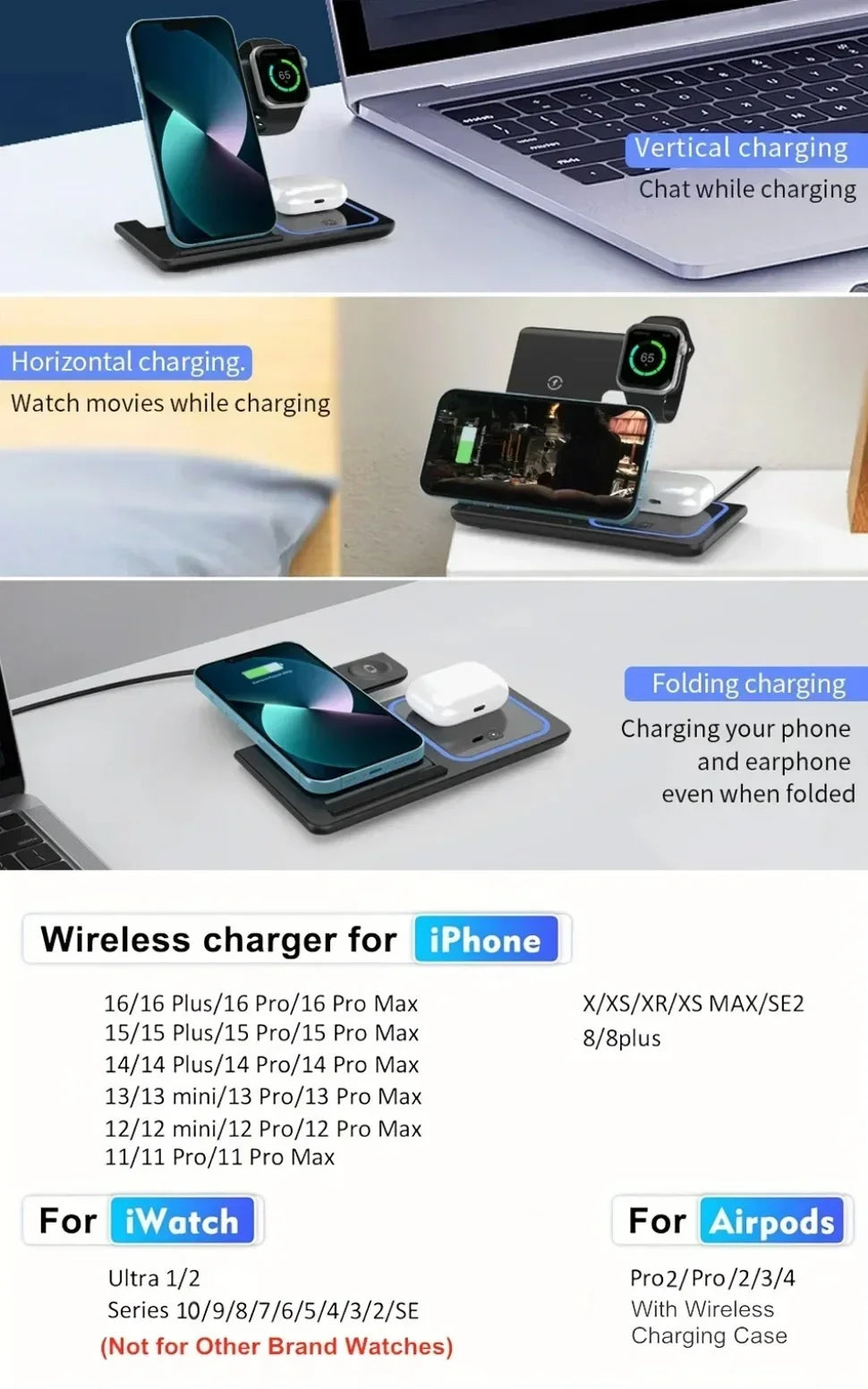 3-in-1 Foldable Wireless Charging Station for iPhone, Watch & AirPods