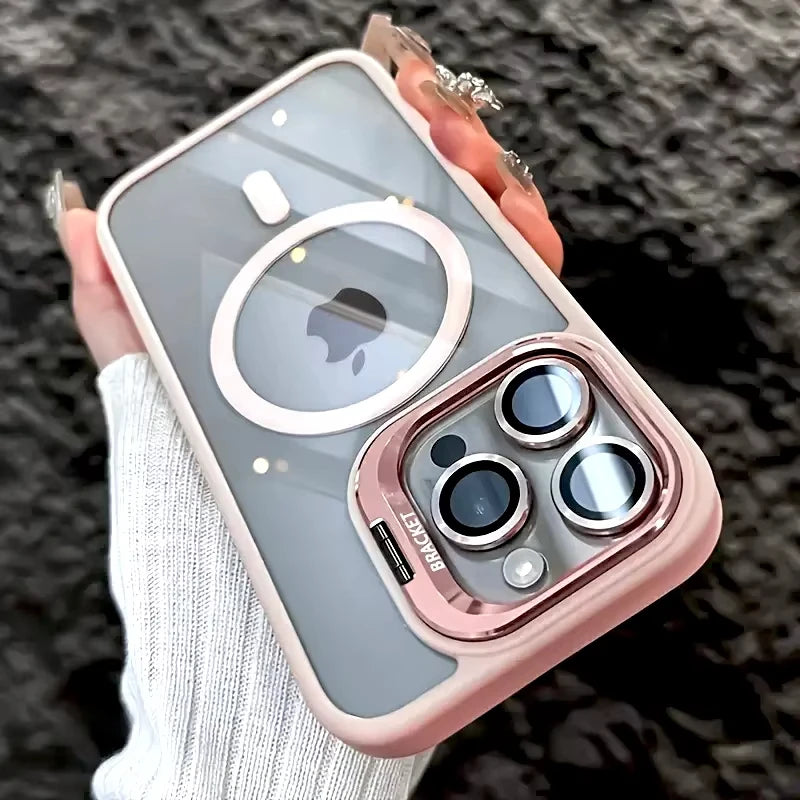 Luxury Magnetic Shockproof iPhone Case with Stand, Full Coverage Clear PC + TPU Cover, MagSafe-Style Ring, Lens Protection, Anti-Scratch Design for iPhone 17 16E 16 15 14 13 12 11 Series